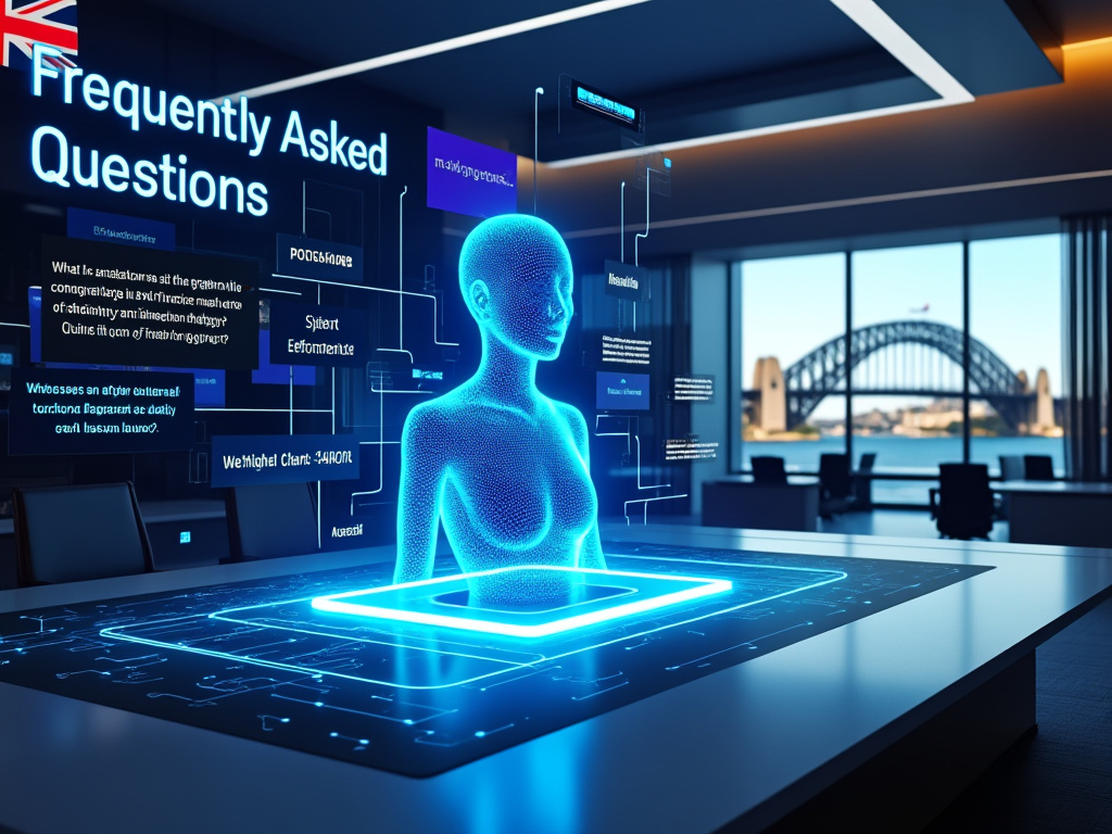 Legal A.I. Tools assistant in a futuristic courtroom answering frequently asked questions about legal technology for Australian lawyers