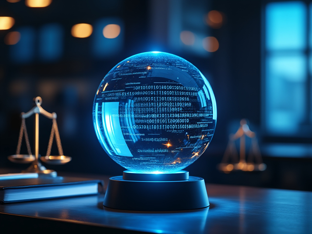 AI Legal Research Tools visualized through a crystal ball on a modern lawyer's desk emitting holographic legal symbols"