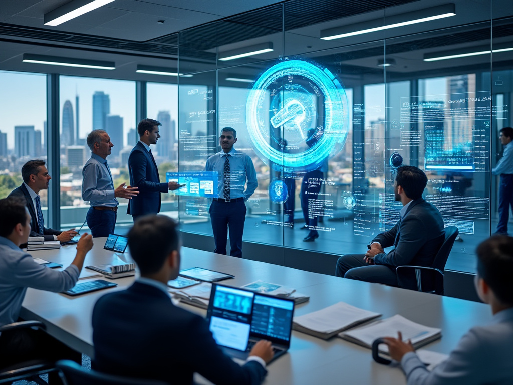 Legal A.I. Tools Futuristic law firm meeting room with lawyers interacting with holographic AI displays, showcasing advanced legal technology integration