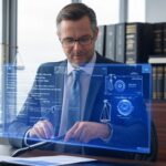 Professional Australian lawyer using AI Legal Research Tools with a holographic interface in a modern office, showcasing advanced legal research capabilities.