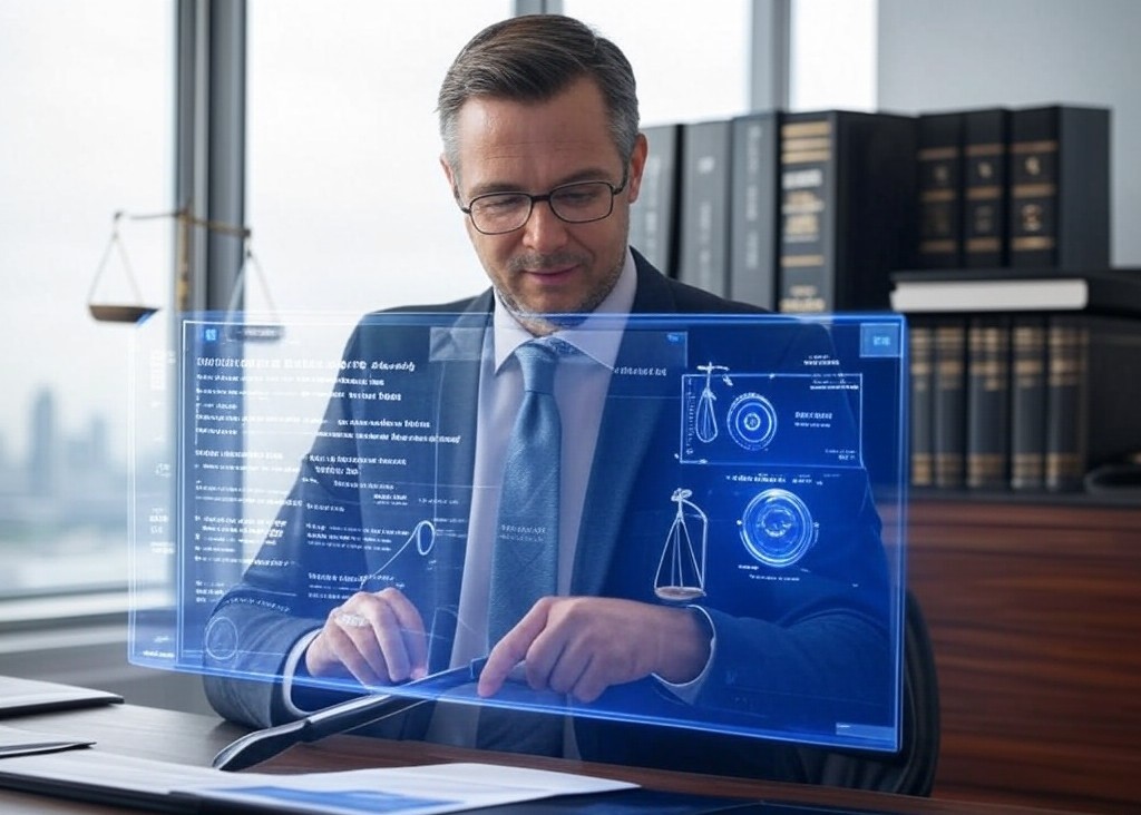 Professional Australian lawyer using AI Legal Research Tools with a holographic interface in a modern office, showcasing advanced legal research capabilities.