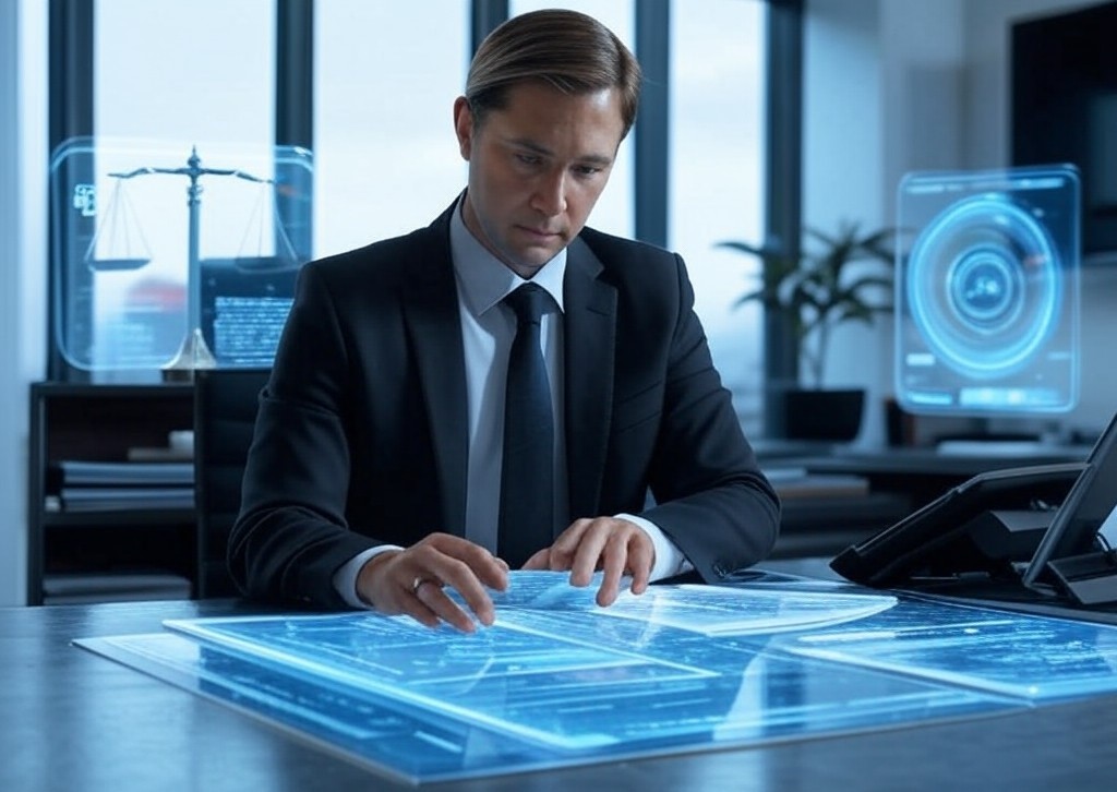 Lawyer using holographic Legal AI Tools in a modern office, showcasing the integration of AI technology into legal workflows with scales of justice in the background.