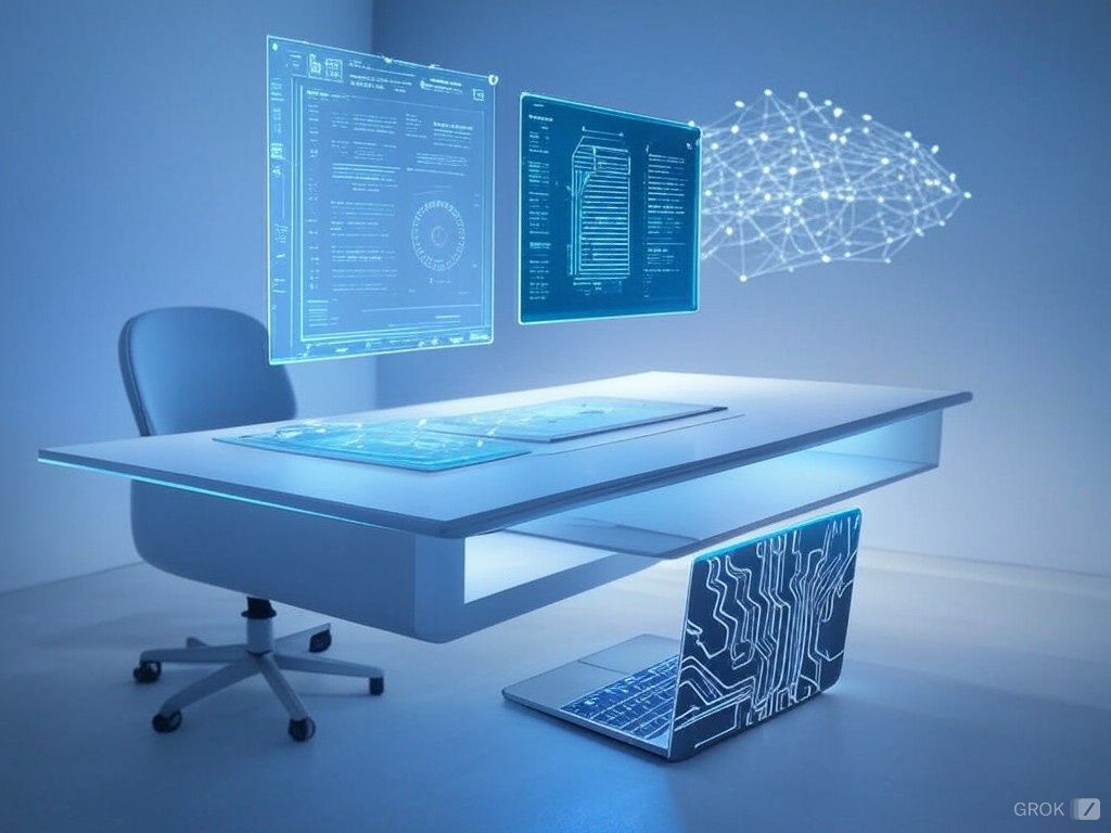 A modern workspace showcasing legal AI tools through holographic displays and interconnected digital elements