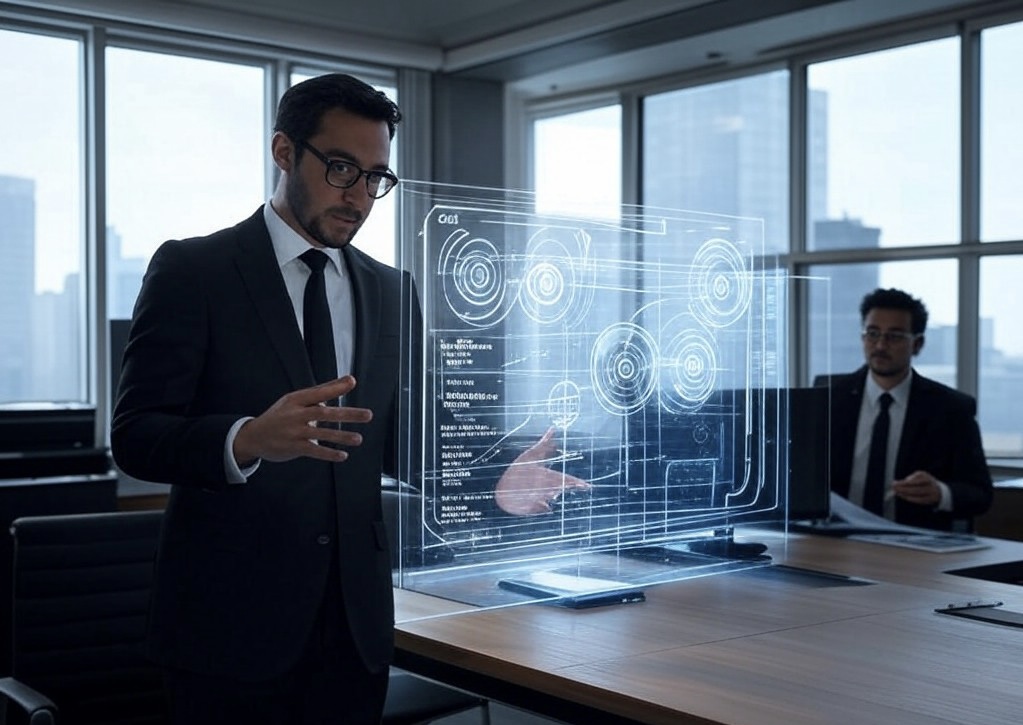 AI Revolutionising Legal Practice with Holographic Technology | Legal A.I. Tools & Automation in Australia Professional lawyer presenting holographic legal data in a modern office, showcasing how AI is revolutionising legal practice with cutting-edge tools.