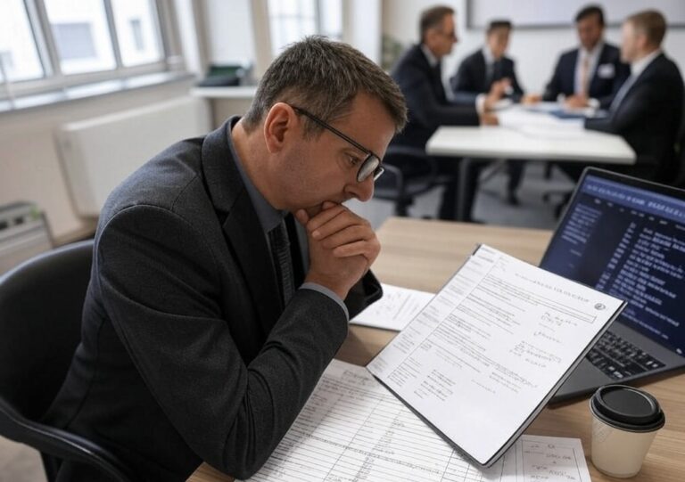 A legal professional in a suit reviews a printed checklist for implementing AI tools in legal practice. A laptop displaying AI workflows and a coffee cup are visible on the desk, with colleagues collaborating in the background.