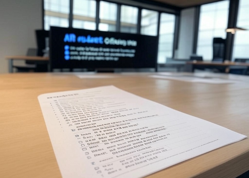 A detailed checklist for implementing AI tools is laid out on a wooden desk in a modern office, with a presentation screen in the background displaying "AI rollout" information.