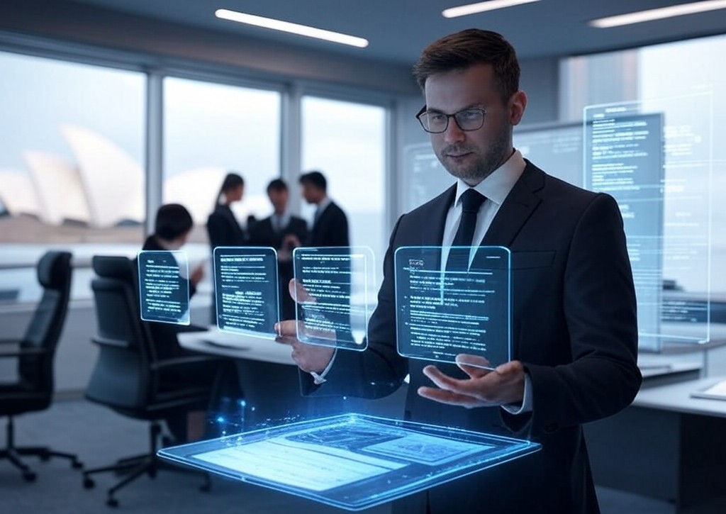 A lawyer in a modern office using holographic interfaces with Legal AI Tools for document review, legal research, and workflow automation, with the Sydney Opera House visible in the background.