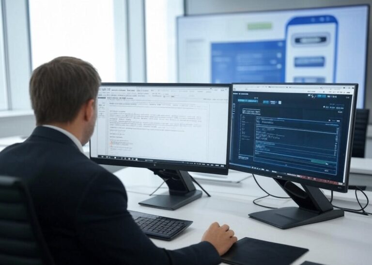 A lawyer using dual monitors in a modern office, analysing legal documents with AI-driven software for automating administrative tasks as part of legal practice management.
