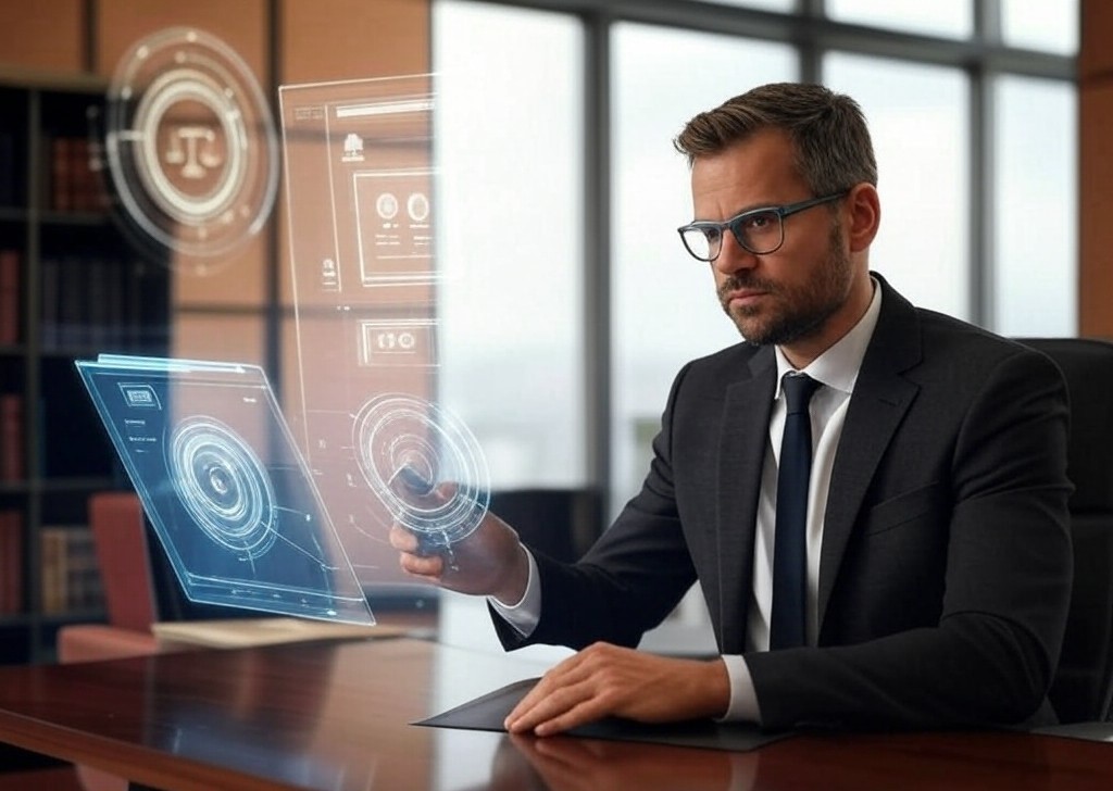 Illustration of a modern law office in NSW with a lawyer using advanced AI tools, symbolising the implications of Practice Note SC Gen 23 – Use of Generative Artificial Intelligence (Gen AI).