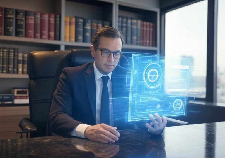 Lawyer using holographic legal AI tools in a modern office, symbolising the impact of Practice Note SC Gen 23 – Use of Generative Artificial Intelligence in NSW.