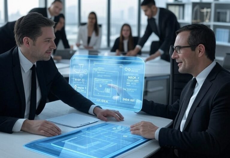 Lawyers collaborating in a modern Australian law firm using advanced AI tools, showcasing the benefits of implementing AI tools for document review and legal research.