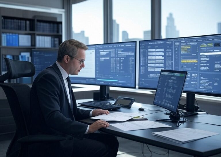 A lawyer in a modern office using AI compliance software and RegTech solutions to monitor compliance risks on multiple screens, showcasing regulatory compliance automation in legal practice.
