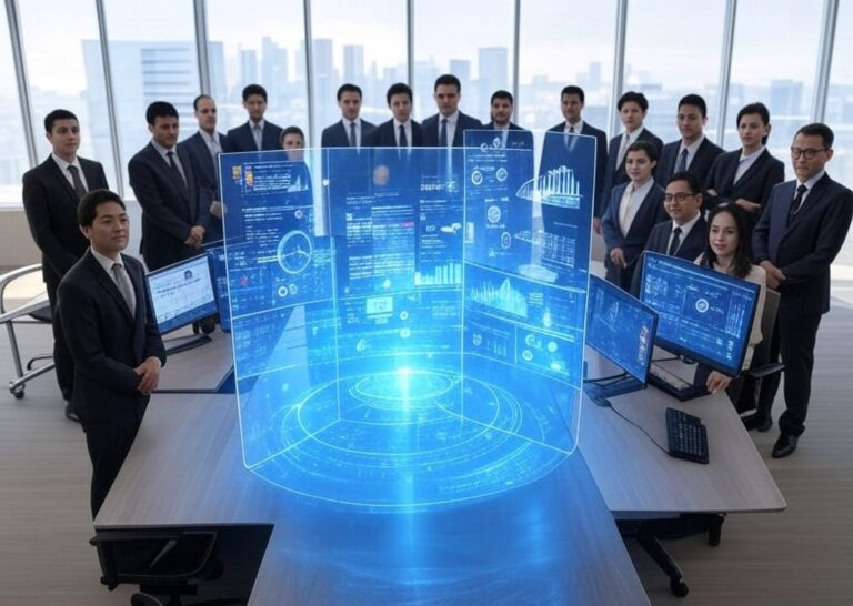 A lawyer in a modern office using AI compliance software and RegTech solutions to monitor compliance risks on multiple screens, showcasing regulatory compliance automation in legal practice.
