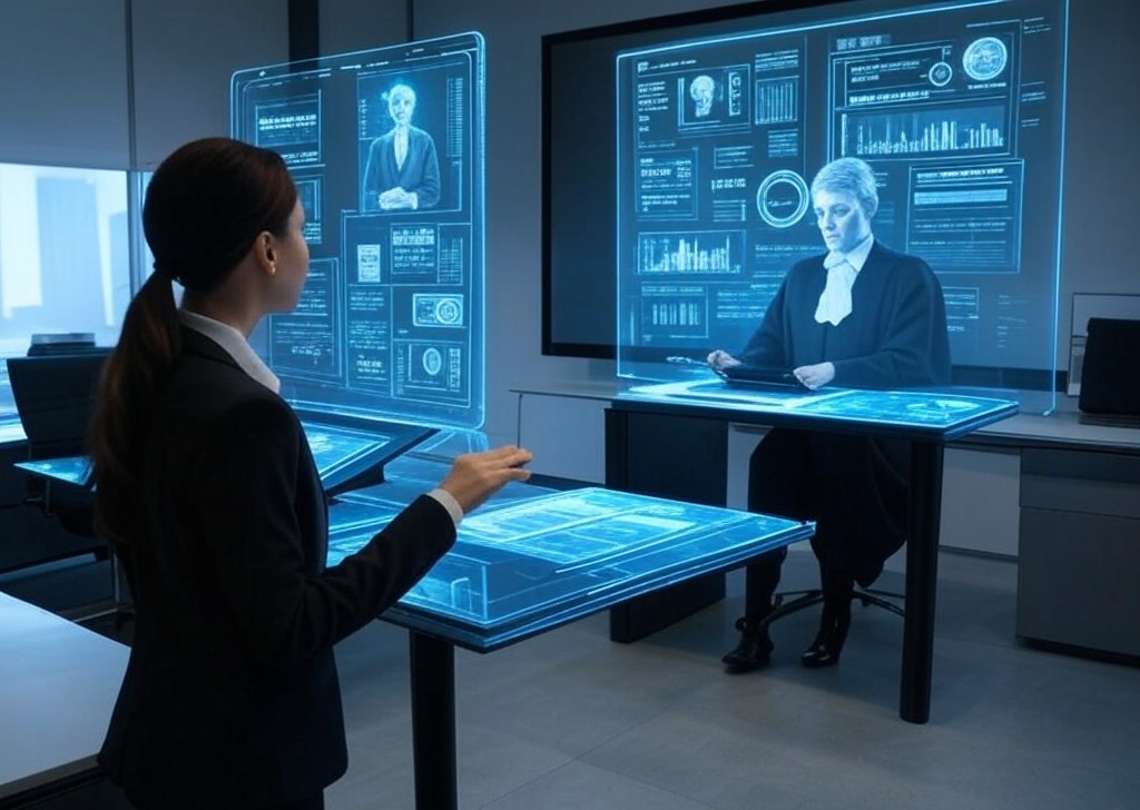 Generative AI Legal Market Growth: The Future of Legal Automation | Legal A.I. Tools & Automation in Australia AI-driven legal office with digital assistants automating case management, contract generation, and legal research, showcasing the future of legal technology.