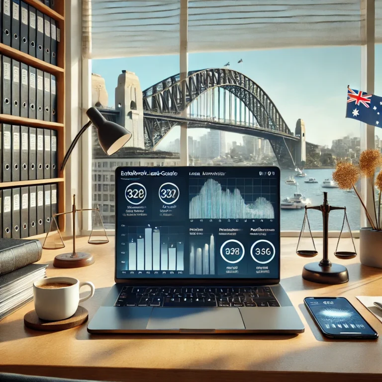 Professional Australian legal workspace featuring the easterbrook-lexai-gauge calculator for evaluating legal AI tools in Australia, showing performance metrics and comparison data on a modern laptop screen.