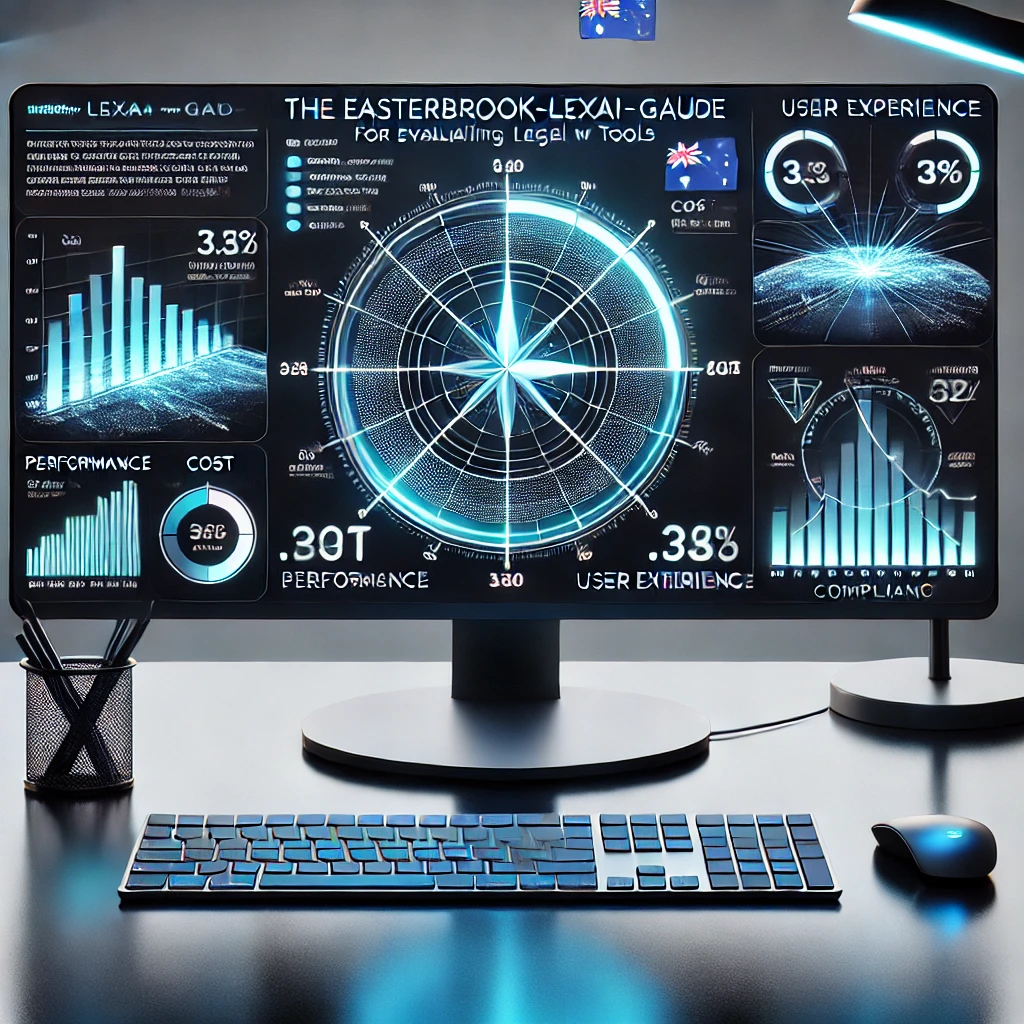 Scientific visualization of the easterbrook-lexai-gauge methodology showing the four-dimensional framework for evaluating legal AI tools in the Australian legal market, with performance metrics, compliance indicators, and cost analysis