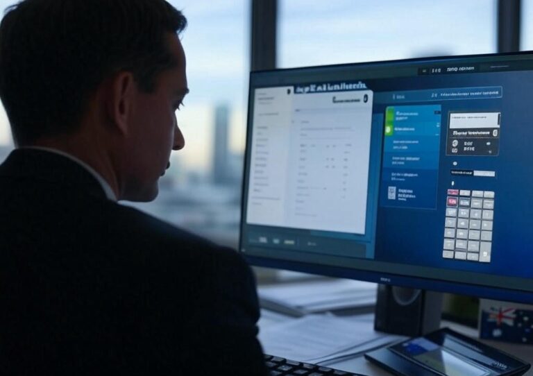Professional Australian legal practitioner utilizing the easterbrook-lexai-gauge calculator to evaluate legal AI tools specifically designed for the Australian market, with performance metrics and comparison data visible on screen