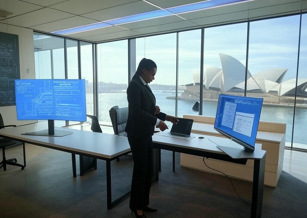 AI in legal practice – A lawyer using AI-powered legal tools in an Australian office, with the Sydney Opera House visible through a large window.