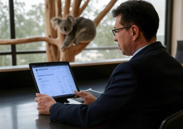 Small firm legal tech evaluation - Lawyer using AI tools in a modern Australian courtroom with a koala outside.