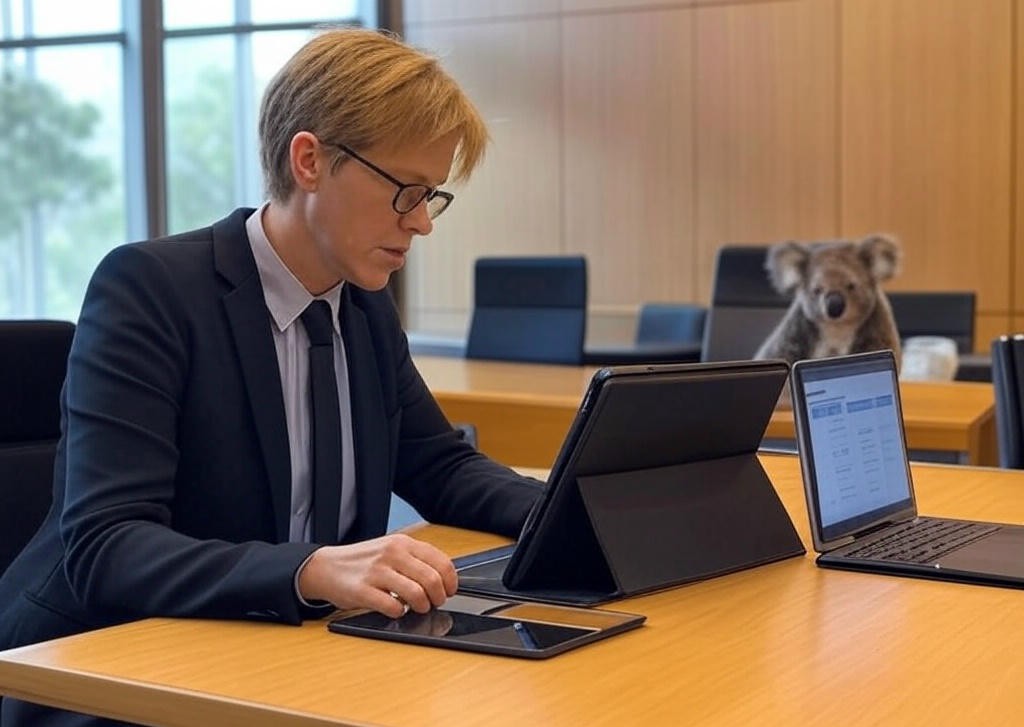 Top AI tools for lawyers 2025 - Lawyer using AI tools in an Australian courtroom with a koala visible through the window.