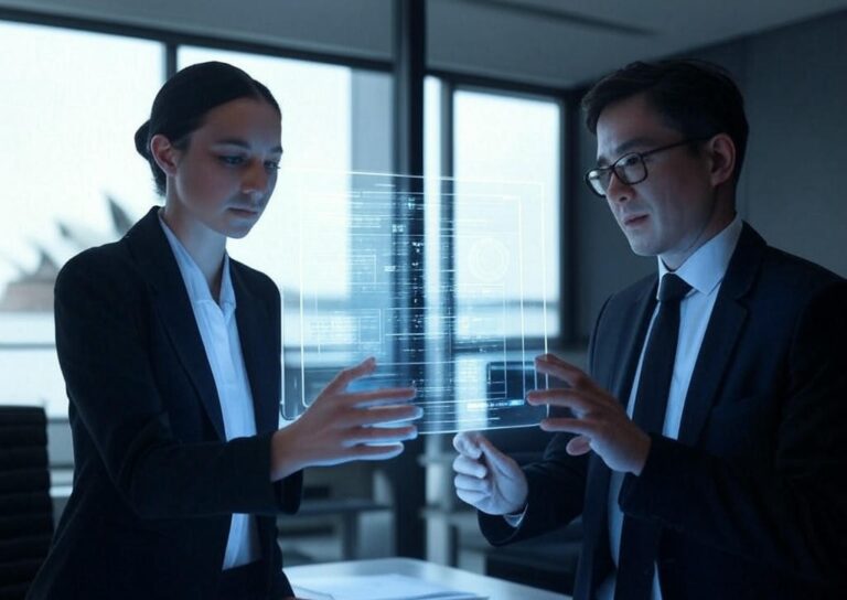 AI and the future of lawyers—an Australian law office with AI-powered legal tools, digital document review, and the Sydney Opera House in the background.