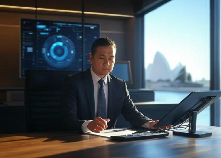 AI in legal services Australia - Lawyer working with AI tools in a modern office overlooking the Sydney Opera House.