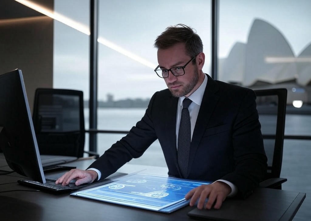 AI legal software integration in an Australian law office with a lawyer using advanced AI-powered tools. The Sydney Opera House is visible through a large window.