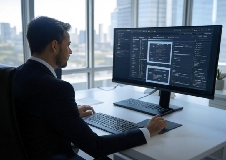 Australian lawyer using advanced AI legal research tools in modern office